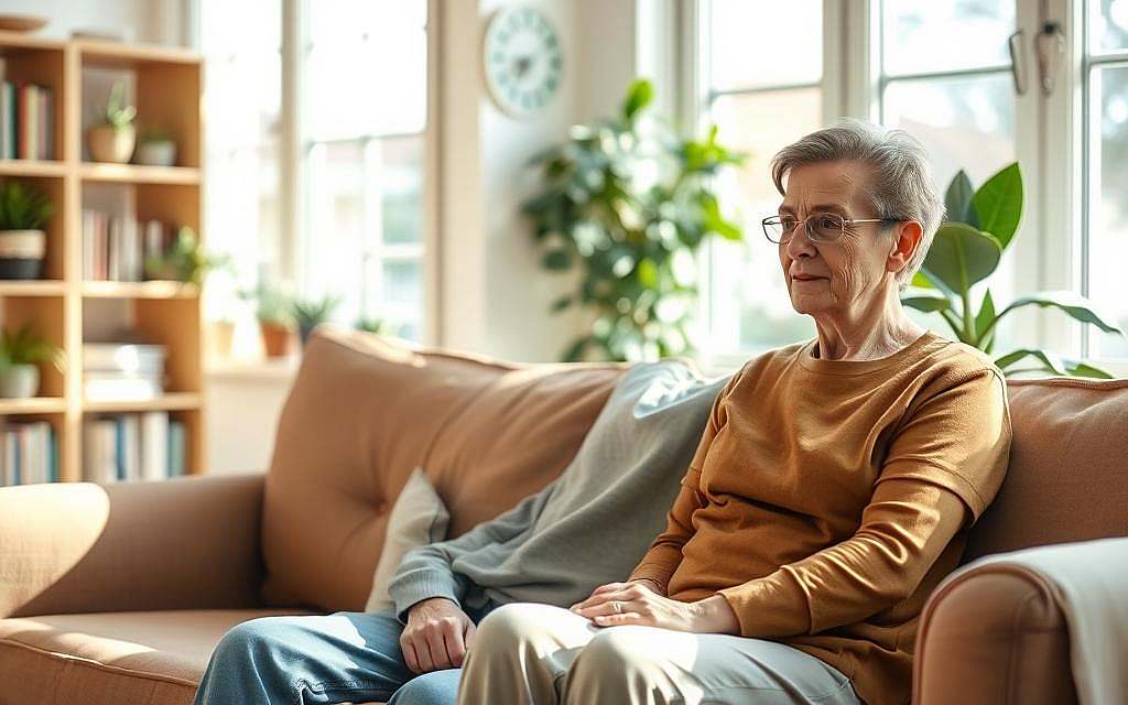 A warm, sunlit room with a comfortable couch where a patient sits, recounting their osteopathic experience. The patient's expression is one of calm and relief, their body language relaxed. In the background, shelves display books and plants, creating a serene, nurturing atmosphere. Soft natural light filters through large windows, casting a gentle glow. The composition emphasizes the patient's tranquility and the healing environment of the osteopathic practice.