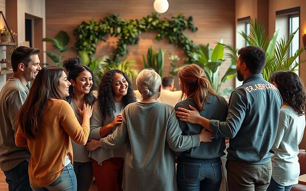 A warm, welcoming community gathering in a cozy, inviting setting. In the foreground, a group of diverse individuals embrace, sharing laughter and support. The middle ground features an open, inclusive space with plush seating and soft lighting, encouraging open dialogue and camaraderie. In the background, verdant plants and natural textures create a soothing, grounding atmosphere. The overall scene conveys a sense of connection, understanding, and the power of social networks to nurture personal growth and self-discovery.