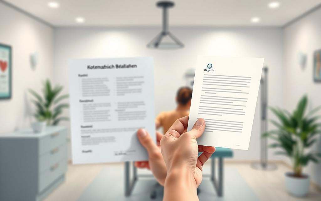 A well-lit and detailed illustration depicting the concept of "Kostenübernahme für osteopathische Behandlungen". In the foreground, a hand holding a document or form, representing the administrative aspect of healthcare coverage. In the middle ground, a person receiving an osteopathic treatment, showcasing the holistic and therapeutic nature of this practice. The background features a clean, modern medical setting with subtle healthcare iconography, conveying a sense of professionalism and legitimacy. The overall composition should strike a balance between the practical and the therapeutic, with a soft, calming color palette and gentle lighting to create an atmosphere of trust and care.