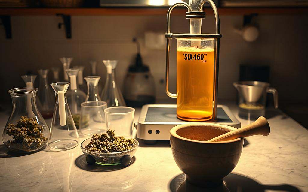 A well-lit countertop, with various glass beakers, funnels, and a soxhlet extractor apparatus. Dried cannabis leaves and flowers are carefully measured and placed into the extractor. The warm glow of a hotplate casts a soft light, as the solvent slowly drips into a collection vessel. The air is thick with the earthy aroma of cannabis. In the foreground, a mortar and pestle stand ready to grind the final extract into a potent, thick, amber-colored oil - Rick Simpson Oil, a natural medicinal solution.