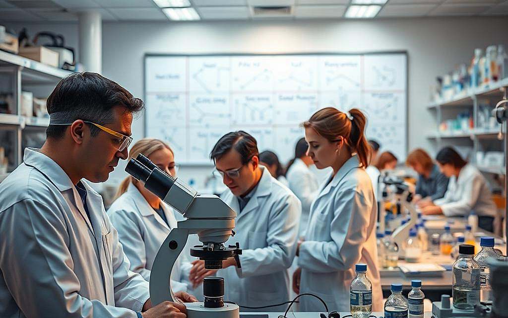 A well-lit scientific laboratory, with state-of-the-art equipment and instruments lining the shelves. In the foreground, a team of researchers in white lab coats and goggles, intently studying a microscope, their expressions a mix of concentration and curiosity. In the middle ground, a large whiteboard displays intricate diagrams and equations, illustrating the complex processes of pathogenesis and salutogenesis. The background is a blur of activity, with other researchers collaborating at workstations, their hands deftly manipulating pipettes and test tubes. The lighting is soft and warm, creating a sense of focus and intensity within the space. The overall atmosphere conveys the rigor and dedication of scientific inquiry, as the researchers delve into the fundamental mechanisms of health and disease.