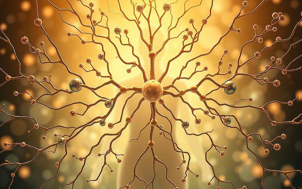 An intricate and dynamic network of receptors, enzymes, and signaling molecules known as the endocannabinoid system, portrayed in a detailed illustration. Soft, warm lighting illuminates the delicate interplay of elements, capturing the system's essential role in maintaining homeostasis within the human body. Subtle gradients and textures convey the complexity and interconnectedness of this vital biological framework, which interacts with the therapeutic compounds found in Rick Simpson Oil. The image aims to convey the profound significance of this system and its profound implications for holistic health and wellness.