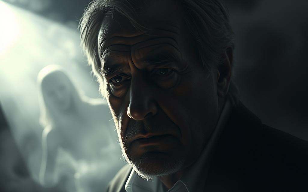 An intricate interplay of light and shadow, a philosopher's visage emerges from the mist of time. Heidegger's stern countenance reflects the profound tension between history and existence, his brow furrowed with the weight of ontological inquiry. In the background, ghostly forms coalesce, representing the ebb and flow of Being through the ages. A single spotlight illuminates Heidegger's face, casting dramatic chiaroscuro that evokes the gravitas of his philosophical contributions. The scene exudes a contemplative, almost reverent atmosphere, inviting the viewer to ponder the intersection of the individual's lived experience and the grand sweep of human history.