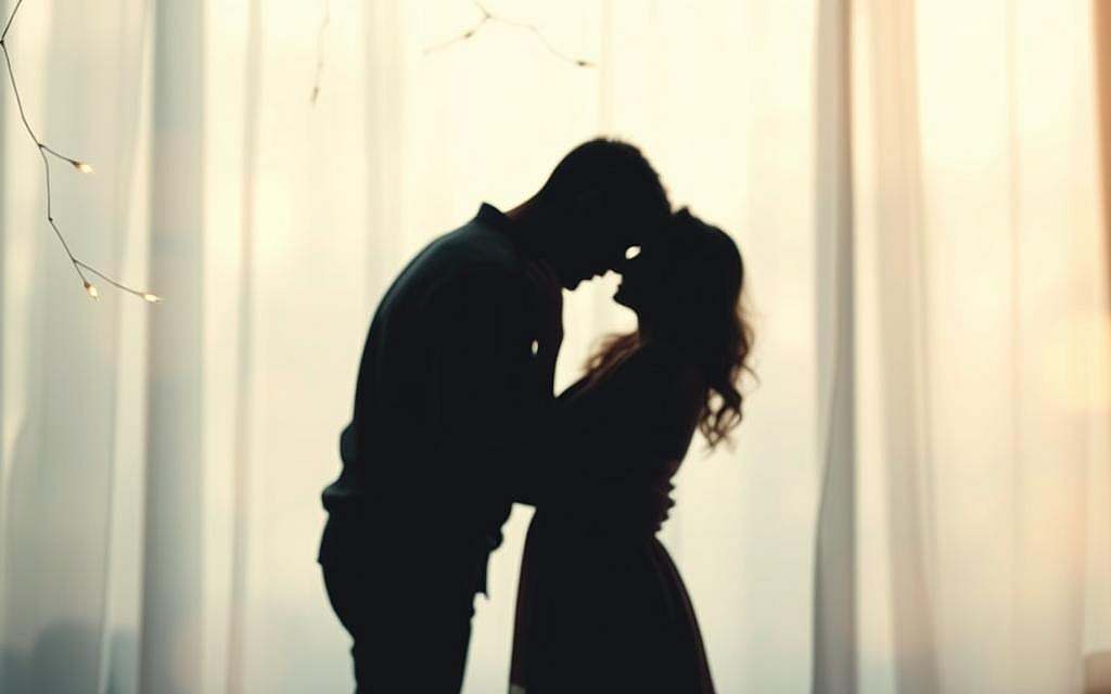 Bindungsmuster und Partnerwahl: An intimate exploration of attachment styles and their influence on romantic choices. A softly-lit scene featuring a couple intertwined, their silhouettes blending together against a dreamy, pastel-hued background. Delicate tendrils of light caress their forms, evoking a sense of vulnerability and emotional connection. The foreground is focused, drawing the viewer's gaze to the subtle interplay of their bodies and the unspoken language of their embrace. The middle ground is slightly blurred, suggesting the realm of subconscious impulses and formative experiences that shape our capacity for intimacy. In the background, subtle abstract shapes and textures allude to the universal patterns and archetypes that underpin human bonding. The overall mood is one of tenderness, introspection, and the profound mysteries of the heart.