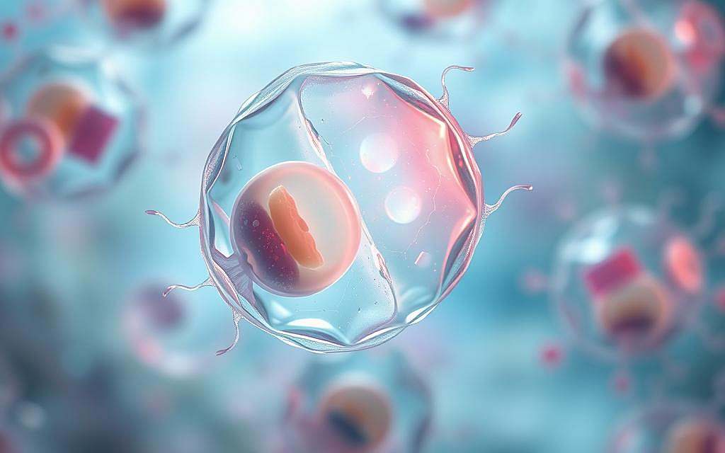 Detailed cellular development and growth, with a focus on the intricate life cycle of a single cell. A vibrant and dynamic scene, showcasing the various stages of cellular differentiation and division. Soft, natural lighting illuminates the translucent, organic forms, emphasizing the graceful, flowing motions. The composition features a central, magnified view of a dividing cell, surrounded by a hazy, out-of-focus background of other cellular structures. Subtle shades of blue, green, and pink create a soothing, scientific atmosphere. Rendered with a high level of realism and attention to anatomical accuracy, to capture the essential beauty and complexity of developmental biology.