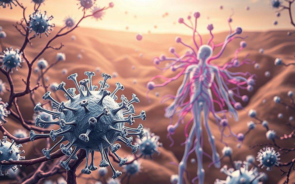 Detailed illustration of the human immune system, showcasing its intricate and intelligent defense mechanisms. In the foreground, a cluster of white blood cells, representing the key players in the immune response, surrounded by a dynamic network of antibodies and lymphocytes. In the middle ground, a visualization of the lymphatic system, with lymph nodes and vessels pulsing with activity. The background features a subtle, organic landscape, alluding to the holistic integration of the immune system within the body. Warm, earthy tones convey a sense of natural harmony, while precise, technical details capture the precision and complexity of this vital bodily function. Lit by a soft, diffused light that enhances the depth and dimensionality of the scene.