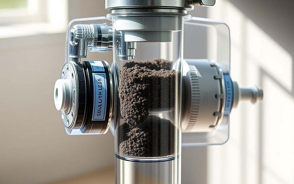 Detailed image of a comprehensive water filter system, showcasing a sleek, modern design with a clear glass housing that reveals the inner workings. The filter is composed of multiple stages, including a mechanical filter, activated carbon, and specialized media to remove a wide range of contaminants such as PFAS, hormones, pharmaceuticals, heavy metals, and microplastics. The filter is illuminated by soft, natural lighting, creating a sense of clarity and purity. The overall composition highlights the filter's functionality and efficiency, conveying a message of sustainable, holistic water purification.