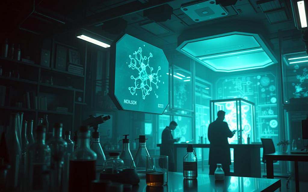 Detailed laboratory interior, dimly lit with an eerie blue-green glow. In the foreground, an array of advanced scientific equipment - vials, beakers, microscopes - suggests an ongoing experiment. In the middle ground, a holographic display projects intricate molecular structures, while shadowy silhouettes of scientists work with intense focus. In the background, a large containment chamber emits an ominous energy, hinting at the dangerous potential of the research. The overall atmosphere conveys a sense of unease, the fusion of biotechnology and nanotechnology hinting at the emergence of a terrifying new threat.