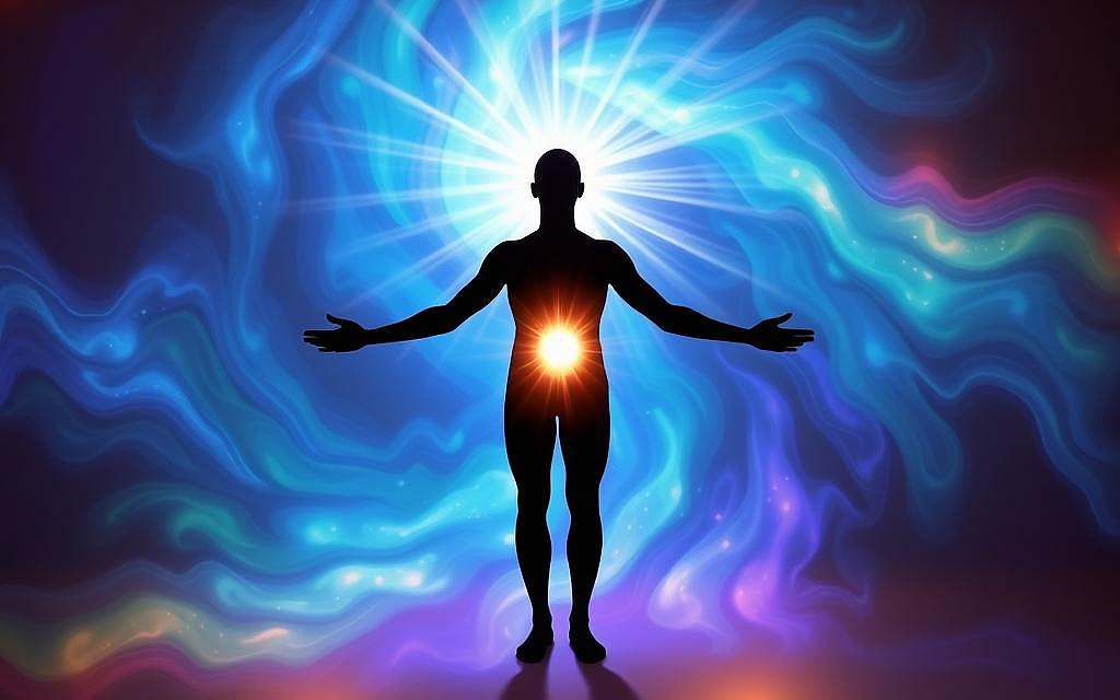 Energetic self-healing: a glowing human figure, silhouetted against a luminous, swirling background of vibrant blues, greens, and purples. Beams of light emanate from the figure's center, radiating outward in a symphony of energy. The scene exudes a sense of balance, harmony, and the natural flow of life force. The lighting is warm, soft, and diffuse, creating a serene, meditative atmosphere. The composition is well-balanced, with the figure centered and the background elements strategically placed to guide the viewer's eye. The overall impression is one of inner transformation, the body's innate ability to heal and rejuvenate itself.