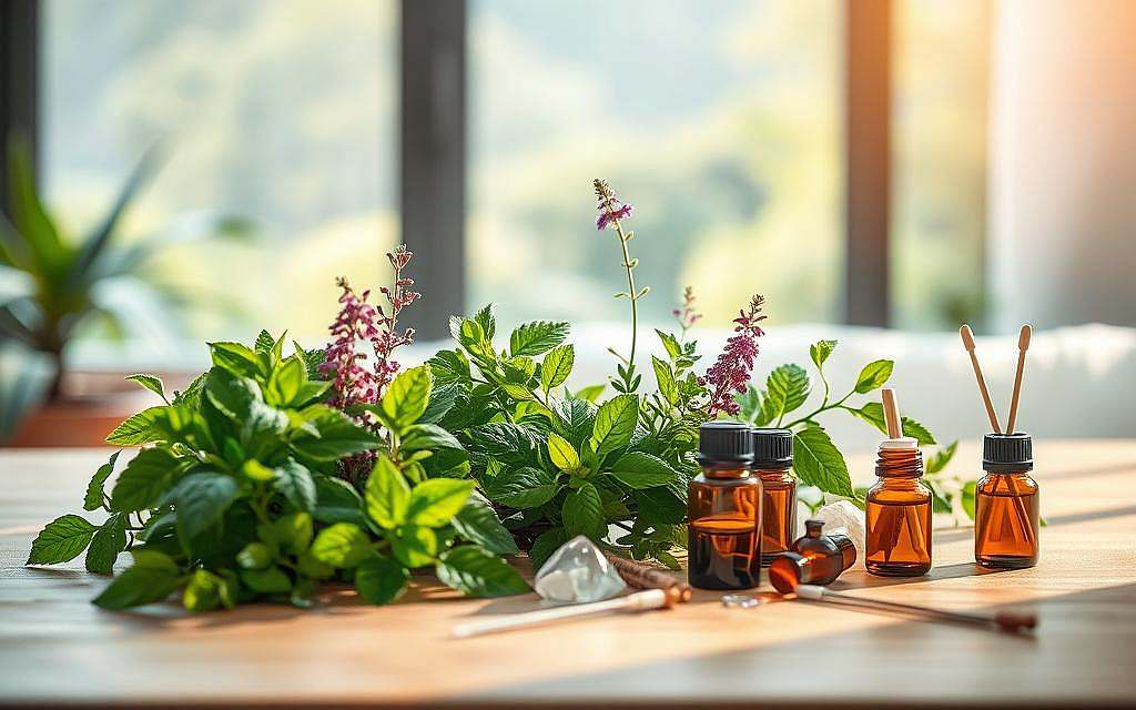 Integrative Medizin: a harmonious convergence of conventional and complementary practices, captured in a serene, light-filled scene. Vibrant medicinal plants adorn a natural wood table, complemented by various holistic therapies - crystals, essential oils, acupuncture needles - arranged with intention. Soft, diffused lighting casts a warm, healing glow, inviting tranquility and balance. In the background, a blurred view of a serene natural landscape symbolizes the interconnectedness of mind, body, and spirit. The overall composition conveys a sense of holistic well-being, reflecting the synergies between modern and traditional approaches to health and wellness.