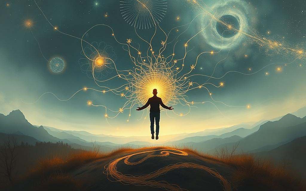 Intricate neural pathways weave a tapestry of extrasensory perception, captured in a surreal landscape. In the foreground, a figure appears to levitate, their mind unlocking hidden dimensions beyond the physical. Swirling energy fields and ethereal wisps dance in the middle ground, hinting at the extraordinary capabilities of the human brain. In the background, a vast cosmic expanse unfolds, suggesting the boundless potential of consciousness to transcend the constraints of the senses. Soft, diffused lighting creates an atmospheric, contemplative mood, inviting the viewer to ponder the mysteries of the mind. Rendered with a painterly, impressionistic style, this image evokes the enigmatic nature of parapsychological phenomena.