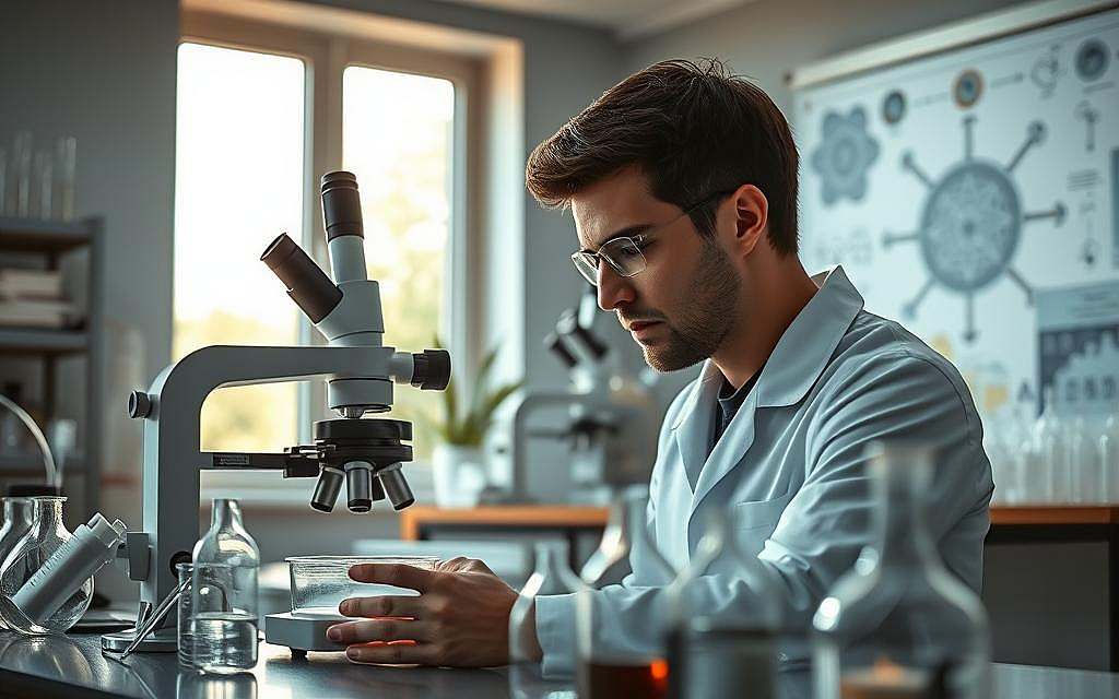 Komplementärmedizin in der modernen Zellbiologie: A serene laboratory setting, with soft natural lighting filtering through large windows. In the foreground, a scientist examines a petri dish under a high-powered microscope, their expression one of thoughtful concentration. In the middle ground, various scientific instruments and glassware sit neatly arranged, conveying a sense of order and precision. The background features a wall-mounted display showcasing intricate diagrams and illustrations, blending the realms of traditional medicine and cutting-edge cellular research. The overall mood is one of tranquil contemplation, where the intersection of holistic and scientific approaches is explored with a reverence for the complexities of life at the cellular level.