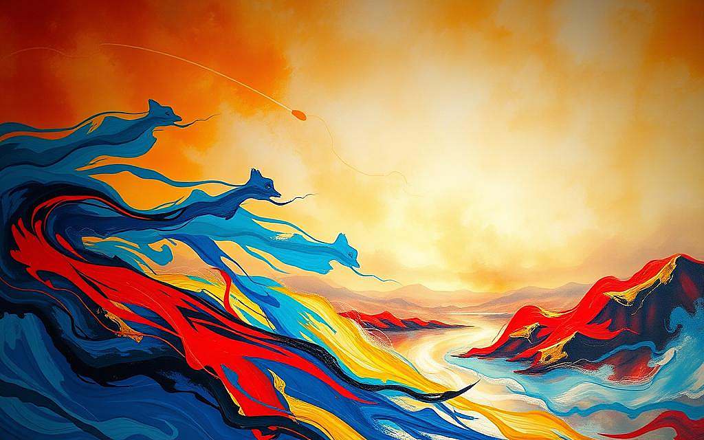 Kreativität und bipolare Störung: A vibrant, abstract landscape depicting the connection between bipolar disorder and enhanced creativity. In the foreground, swirling brushstrokes of vivid colors - blues, reds, and golds - symbolize the manic highs of the condition. In the middle ground, muted tones and fragmented shapes represent the depressive lows. The background is a hazy, ethereal space, suggesting the transcendent, otherworldly nature of the creative mind. Dramatic lighting casts dramatic shadows, creating a sense of depth and movement. The overall composition is visually striking, conveying the intense emotional rollercoaster and unique cognitive experiences often associated with bipolar disorder.