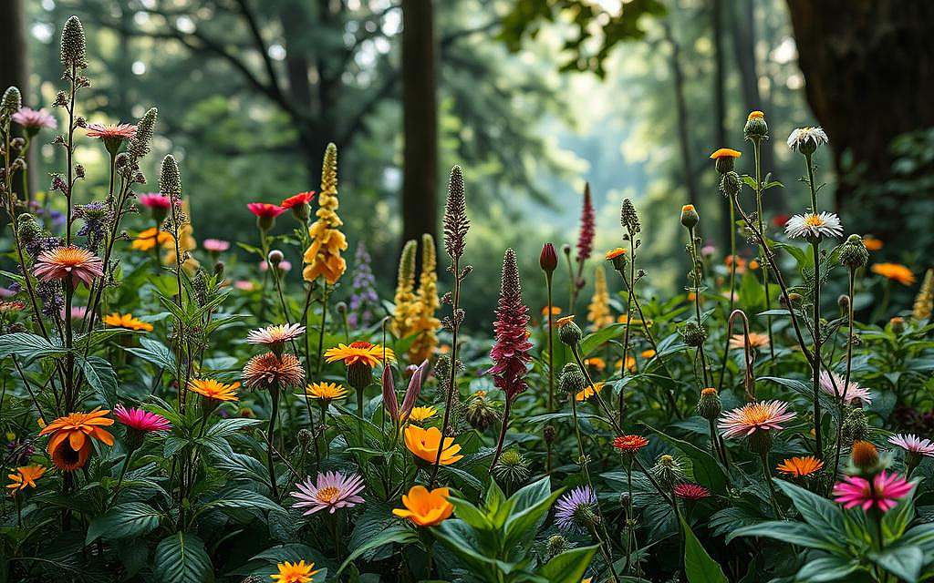 Lush botanical garden filled with vibrant medicinal herbs and plants. A diverse array of ethnobotanical specimens growing in a serene, natural setting. The foreground showcases colorful blooms, rich foliage, and intricately detailed leaves. The middle ground features a variety of indigenous healing plants, their uses and properties highlighted through realistic depiction. In the background, a softly blurred forest landscape with dappled sunlight filtering through the canopy, creating a tranquil, restorative atmosphere. Capture the essence of traditional herbal knowledge and the inherent power of nature-based remedies.