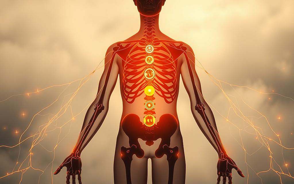 Meridiane und Energiezentren: A serene depiction of the human body's intricate energetic network. In the foreground, vibrant energy lines, known as meridians, weave through the form, pulsing with a warm, glowing aura. At the core, distinct energy centers or "chakras" emerge as spherical orbs of light, each radiating a unique hue. The middle ground showcases the skeletal structure, subtly visible, as a gentle reminder of the physical underpinnings. The background fades into a tranquil, mist-like atmosphere, evoking a sense of ethereal balance. Soft, directional lighting casts long shadows, emphasizing the depth and dimensionality of this energetic landscape. Captured with a wide-angle lens, the composition invites the viewer to immerse themselves in the harmonious interplay of the body's subtle energies.