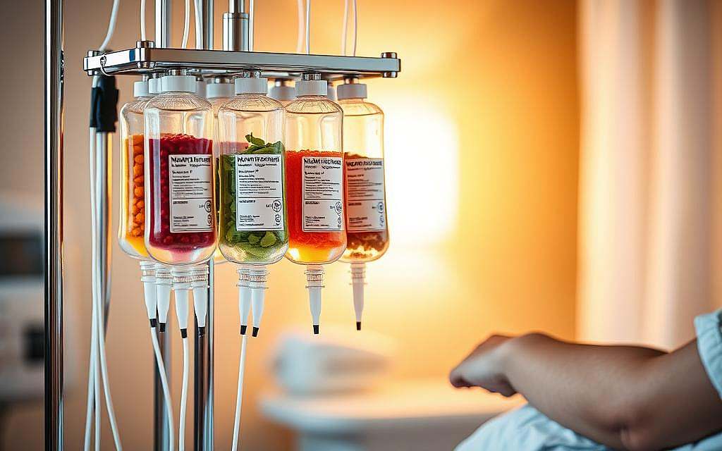 Nährstoffinfusion Therapieplan: A sleek, modern medical infusion setup with an array of IV bags suspended from a chrome stand, displaying a variety of essential nutrients and vitamins. The infusion tubing leads to a patient's arm, captured in a close-up view. The scene is bathed in warm, soft lighting, creating a calming, therapeutic atmosphere. The background is blurred, keeping the focus on the infusion apparatus and the patient's hand. The overall composition conveys a sense of medical professionalism and the restorative power of personalized nutrient therapy.