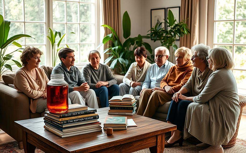 Prompt A cozy living room scene, with sunlight filtering through lush green plants and a large window. On a wooden coffee table, a stack of books and medical journals sit alongside a glass jar filled with a rich, amber-colored oil - Rick Simpson Oil (RSO). Patients young and old are gathered, sharing their personal experiences and stories of healing through the power of this natural remedy. Their faces reflect a sense of hope and gratitude as they discuss the transformative effects of RSO on their health conditions. The overall atmosphere is one of warmth, community, and the triumph of natural medicine.
