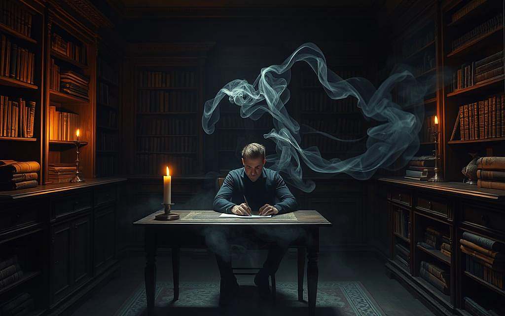 Psychologie der übersinnlichen Fähigkeiten A dimly lit study, illuminated by a single candle flickering on an ornate wooden desk. Shelves lining the walls are filled with ancient tomes and scrolls, casting eerie shadows across the room. In the center, a figure sits in deep contemplation, their face partially obscured by a swirling mist. Ethereal energy pulses through the air, hinting at the mysteries of the unseen world. The scene is infused with a sense of introspection and the pursuit of esoteric knowledge, capturing the essence of the psychology of extrasensory perception.
