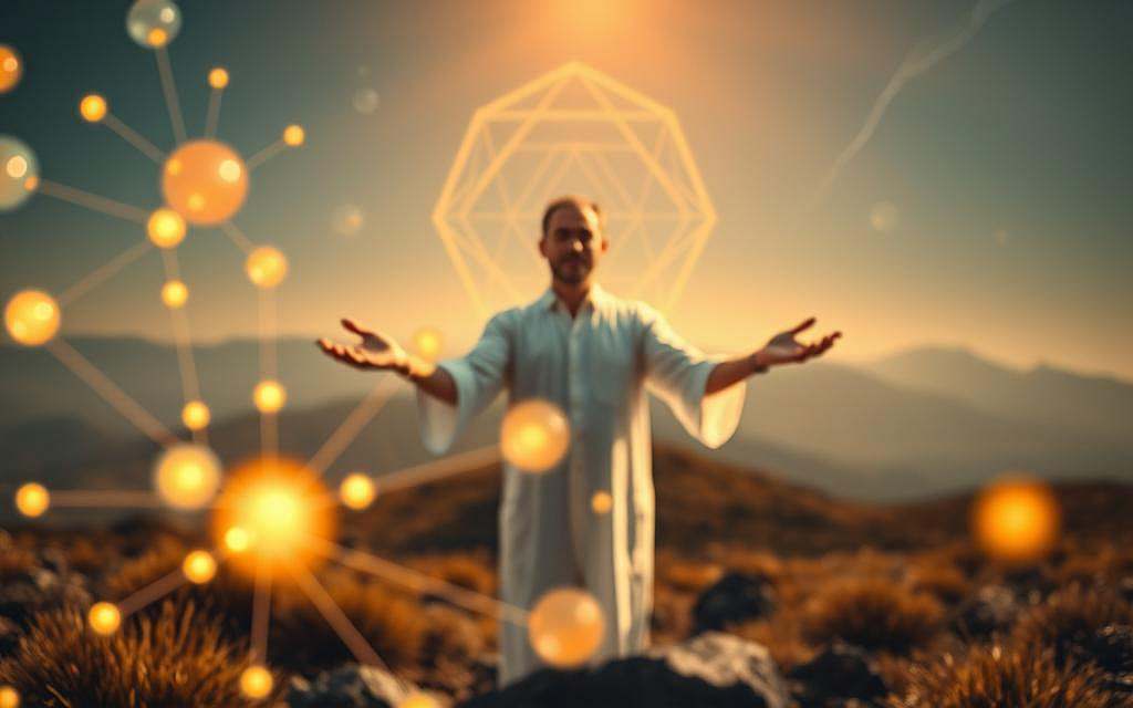 Quantum biology and alternative healing methods: a harmonious fusion of modern science and ancient wisdom. In the foreground, glowing orbs of energy intertwine, representing the subtle quantum forces that underpin biological processes. In the middle ground, a practitioner of alternative medicine, hands outstretched, channels this quantum energy to promote healing and wellness. The background features a serene, mystical landscape, with floating geometric forms and wisps of ethereal light, evoking the interconnectedness of all things. Warm, natural lighting bathes the scene, creating a sense of tranquility and balance. Captured through a wide-angle lens, the image invites the viewer to immerse themselves in the harmonious interplay of quantum biology and alternative healing.