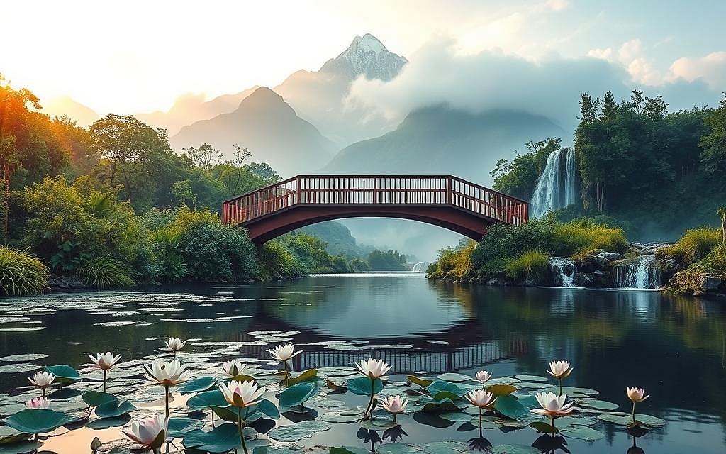Serene landscape with a bridge connecting science and spirituality. In the foreground, a tranquil pond reflects the sky, with lotus flowers blooming on the surface. The middle ground features a wooden bridge, its graceful arches symbolizing the harmony between empirical knowledge and mystical insight. On either side of the bridge, lush greenery and cascading waterfalls create a sense of natural balance and healing energy. The background showcases a majestic mountain range, its peaks shrouded in mist, evoking the mystery and vastness of the human experience. Soft, warm lighting filters through the scene, creating a dreamlike, contemplative atmosphere. The overall composition conveys the idea of complementary medicine as a bridge between the material and the spiritual realms.