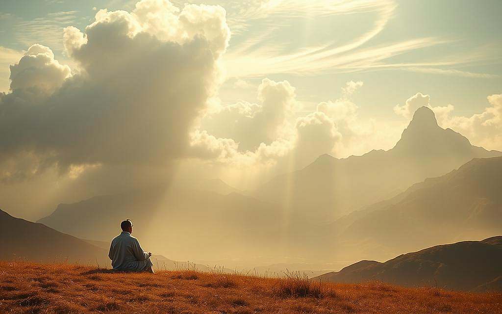 Spirituality and the divine consciousness of Yahweh: a serene landscape bathed in warm, ethereal light. In the foreground, a lone figure sits in contemplative meditation, their robes flowing gently. Wispy clouds part to reveal a majestic sky, hinting at the transcendent realm beyond. Towering mountains rise in the distance, their peaks touching the heavens. A sense of reverence and connection to the sacred pervades the scene, inviting the viewer to experience the mystical awareness of the divine. Subtle hints of ancient symbols and geometric patterns suggest the underlying structures of the spiritual universe. This image evokes the profound depth of the human experience of the Yahweh consciousness, connecting the earthly and the celestial.