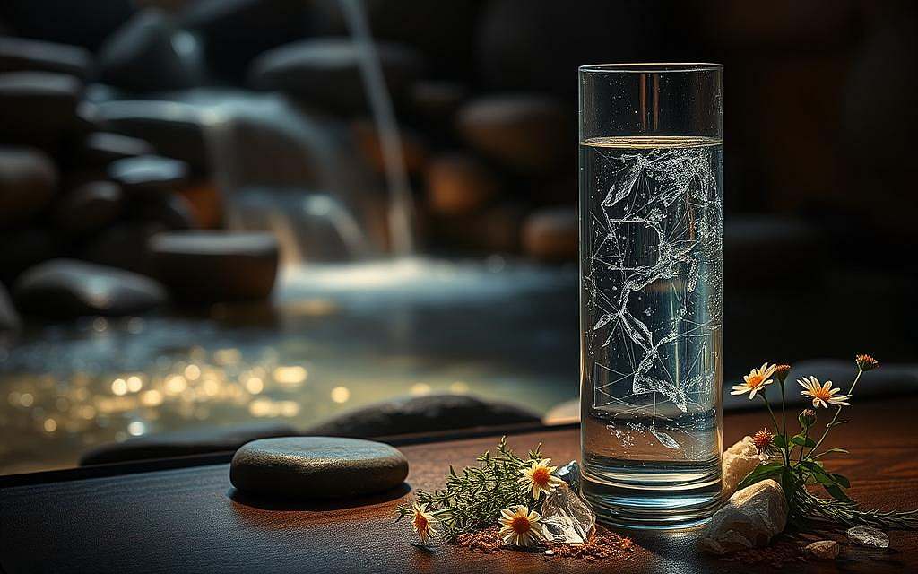 Structured water in alternative therapy: A tranquil, dimly lit room, filled with the gentle flow of water cascading over smooth stones. The water, infused with natural minerals, appears luminescent, casting a soft glow that permeates the space. In the foreground, a glass vessel containing the structured water stands, its surface reflecting the light in mesmerizing patterns. Surrounding it, an arrangement of natural elements - crystals, herbs, and flowers - create a serene and therapeutic atmosphere. The image conveys a sense of balance, harmony, and the restorative power of nature's own water-based solutions for holistic well-being.