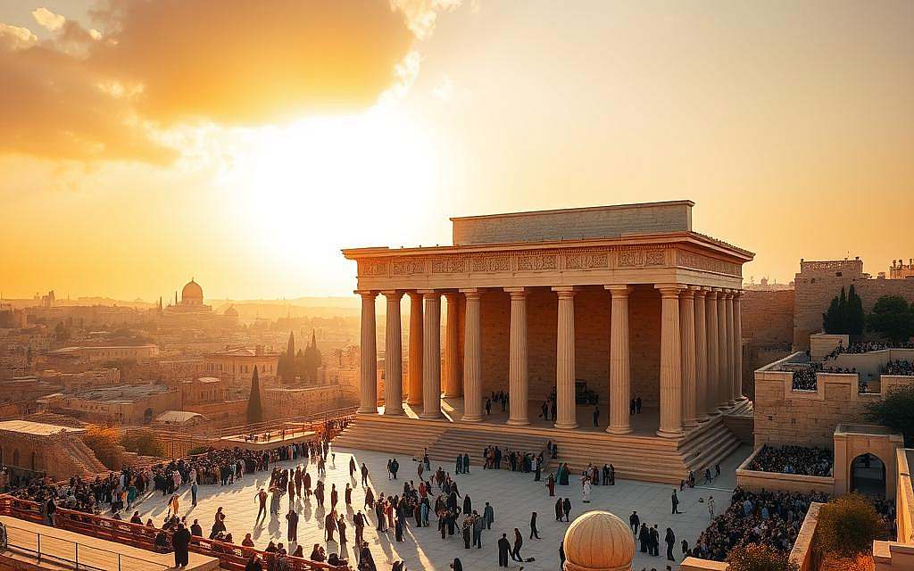 Tempel von Jerusalem, a majestic structure rising against a golden sky. The grand facade, adorned with intricate carvings and towering columns, stands as a testament to the divine presence of Jahwe. The temple's central courtyard, bathed in warm sunlight, is filled with worshippers engaged in solemn rituals, their robes flowing gently in the breeze. In the distance, the ancient city of Jerusalem sprawls, its winding streets and bustling markets a backdrop to this sacred sanctuary. The atmosphere is one of reverence and contemplation, a place where the divine and the mortal coexist in harmony.