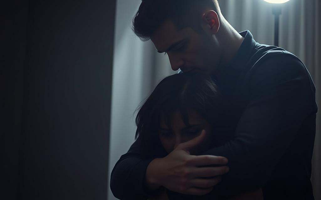 Toxic relationship and control: A tense, claustrophobic scene depicting a couple locked in a toxic power dynamic. In the foreground, a man looms over a woman, his body language and facial expression conveying a sense of dominance and control. The woman appears small and trapped, her body language defensive and fearful. The lighting is harsh, creating deep shadows that add to the oppressive atmosphere. The background is blurred, emphasizing the intense focus on the central figures and their emotional turmoil. The overall scene evokes a sense of unease, highlighting the psychological and emotional toll of such a relationship.