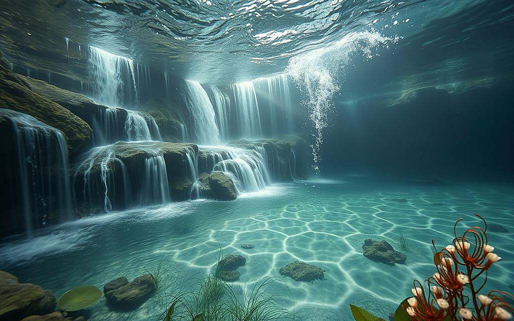 Tranquil underwater realm, where water flows as a carrier of information. Cascading waterfalls, crystalline streams, and still pools reflect ethereal energies. Glowing orbs of light dance through the aquatic environment, transmitting ancient wisdom. Delicate aquatic flora sway gently, their bioluminescent tendrils pulsing with primal energies. The scene exudes a sense of mysticism and the untapped potential of water as a conduit for spiritual and energetic forces. Soft, diffused lighting illuminates the scene, creating an otherworldly, contemplative atmosphere. Captured through a wide-angle lens, the composition draws the viewer into this serene, holistic realm of water as an information carrier.