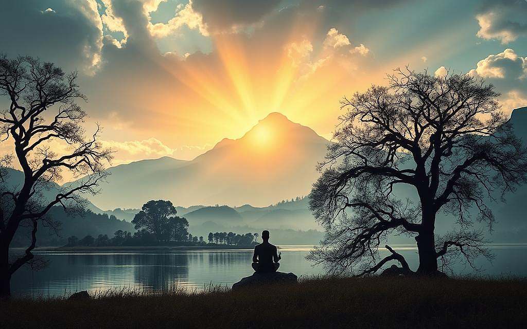 Verdrängte Erinnerungen Wissenschaft Spiritualität: A serene yet profound landscape where the physical and metaphysical realms intertwine. In the foreground, a tranquil lake reflects the silhouettes of ancient trees, their branches reaching towards the heavens. The middle ground is dominated by a majestic mountain range, its peaks shrouded in mist, symbolizing the mysteries of the subconscious mind. Rays of golden light pierce through the clouds, illuminating a meditative figure seated in contemplation, representing the synthesis of scientific inquiry and spiritual enlightenment. The overall atmosphere is one of contemplation, inviting the viewer to explore the depths of the human experience and the nature of memory.