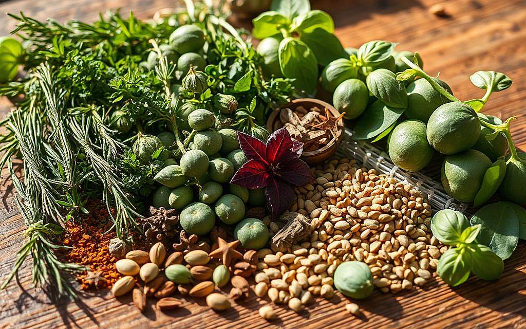 Vivid botanical display of aromatic herbs and spices arranged on a rustic wooden table. Diverse array of fresh rosemary, thyme, oregano, basil, and other culinary favorites in soft natural lighting. Close-up detailed view highlighting the vibrant colors, textures, and intricate patterns of the leaves and seeds. Warm, inviting atmosphere evoking the therapeutic properties and wholesome benefits of these natural remedies. Subtle shadows cast, creating depth and dimension. Sophisticated, elegant composition with a sense of artistry and wellness.