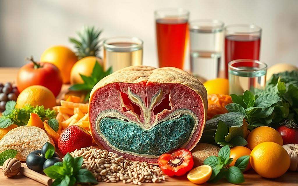 Vivid, detailed illustration of healthy fascia nourishment and hydration. A central focal point showcases a cross-section of fascia tissue, surrounded by a balanced array of nutrient-rich foods and hydrating liquids. The foreground features fresh fruits, vegetables, whole grains, lean proteins, and healthy fats, artfully arranged to highlight their nutritional properties. The middle ground depicts glasses of water and herbal teas, emphasizing the importance of proper hydration. The background is softly blurred, creating a serene, minimalist atmosphere that allows the key elements to take center stage. Warm, natural lighting casts a gentle glow, evoking a sense of vitality and wellness. The overall composition aims to visually communicate the significance of nutrition and hydration for maintaining healthy, resilient fascia.