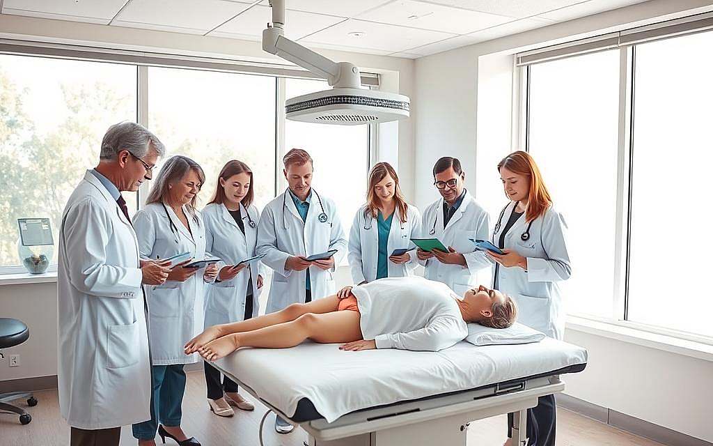 A bright, well-lit medical treatment room with large windows allowing natural sunlight to pour in. In the center, a group of oncologists and therapists gathered around a patient lying on a treatment table, intently observing and adjusting specialized light therapy equipment directed at the patient's body. The medical professionals wear clean white coats and carry clipboards, their expressions focused and thoughtful as they work collaboratively to administer the innovative light-based therapy. The atmosphere is one of quiet professionalism and medical expertise, with the patient's comfort and care clearly the top priority. A bright, well-lit medical treatment room with large windows allowing natural sunlight to pour in. In the center, a group of oncologists and therapists gathered around a patient lying on a treatment table, intently observing and adjusting specialized light therapy equipment directed at the patient's body. The medical professionals wear clean white coats and carry clipboards, their expressions focused and thoughtful as they work collaboratively to administer the innovative light-based therapy. The atmosphere is one of quiet professionalism and medical expertise, with the patient's comfort and care clearly the top priority.