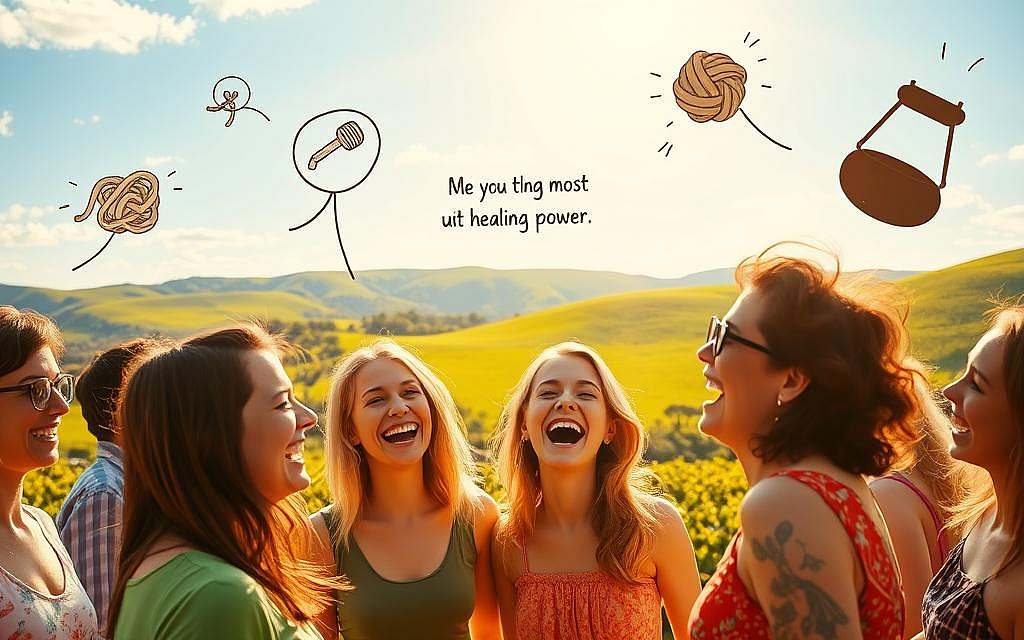 A brightly lit, whimsical scene depicting the healing power of laughter and humor. In the foreground, a group of people are engaged in a lively, comedic exchange, their faces animated with joy and mirth. The middle ground features a serene, idyllic landscape with rolling hills, vibrant greenery, and a clear blue sky. Rays of warm, golden light bathe the scene, creating a sense of positivity and optimism. In the background, subtle visual metaphors allude to the stress-relieving effects of humor, such as tension-releasing knots unraveling or a heavy weight being lifted from the shoulders. The overall composition conveys a harmonious balance between the physical and mental benefits of laughter, with the subjects' carefree expressions and the peaceful, restorative setting working in tandem to promote a feeling of well-being and relaxation.