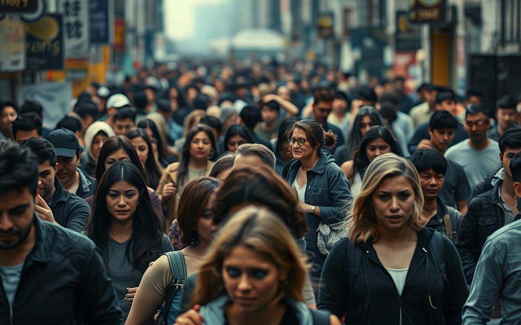 A bustling city street, the foreground filled with people of diverse genders navigating the crowds. Subtle tensions and unease permeate the scene, manifested in body language, facial expressions, and interactions. In the middle ground, a couple engaged in a heated argument, gestures and postures conveying underlying hostility. The background blurs into a hazy, distracting urban landscape, highlighting the sense of isolation and lack of understanding. Muted, subdued tones create an atmosphere of discomfort and unease, while dramatic lighting casts dramatic shadows, emphasizing the gravity of the situation. The overall composition evokes a sense of the everyday occurrence of gender-based animosity, a societal problem that often goes unnoticed.