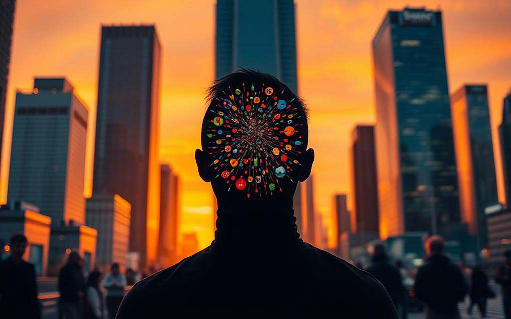 A bustling cityscape at dusk, with towering skyscrapers silhouetted against a vibrant orange sky. In the foreground, a figure stands alone, their face illuminated by a kaleidoscope of shifting colors, representing the inner turmoil of "Kognitive Umstrukturierung". The scene is infused with a sense of energy and movement, with blurred figures in the background, suggesting the pace and intensity of emotional transformation. The lighting is dramatic, casting long shadows and highlighting the intricate details of the architecture. The overall mood is one of contemplation and introspection, as the viewer is drawn into the personal journey of the central figure. A bustling cityscape at dusk, with towering skyscrapers silhouetted against a vibrant orange sky. In the foreground, a figure stands alone, their face illuminated by a kaleidoscope of shifting colors, representing the inner turmoil of "Kognitive Umstrukturierung". The scene is infused with a sense of energy and movement, with blurred figures in the background, suggesting the pace and intensity of emotional transformation. The lighting is dramatic, casting long shadows and highlighting the intricate details of the architecture. The overall mood is one of contemplation and introspection, as the viewer is drawn into the personal journey of the central figure.