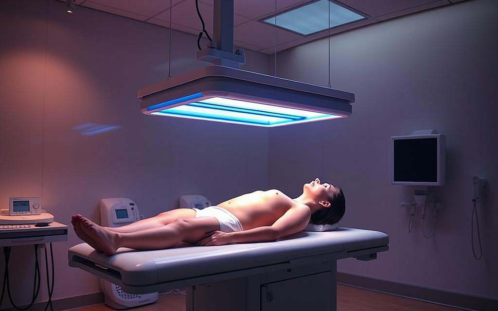 A clinical examination room, dimly lit, with a medical-grade UV light fixture suspended overhead. A patient rests comfortably on an examination table, their skin exposed to the therapeutic UV rays. The room is lined with sleek, modern medical equipment, conveying a sense of advanced, cutting-edge treatment. Soft, diffused lighting creates an atmosphere of calm and professionalism, while the UV light bathes the patient in a warm, soothing glow. The scene evokes a sense of hope and trust in the innovative treatment, as the patient undergoes this specialized UV-light therapy for their cancer condition. A clinical examination room, dimly lit, with a medical-grade UV light fixture suspended overhead. A patient rests comfortably on an examination table, their skin exposed to the therapeutic UV rays. The room is lined with sleek, modern medical equipment, conveying a sense of advanced, cutting-edge treatment. Soft, diffused lighting creates an atmosphere of calm and professionalism, while the UV light bathes the patient in a warm, soothing glow. The scene evokes a sense of hope and trust in the innovative treatment, as the patient undergoes this specialized UV-light therapy for their cancer condition.