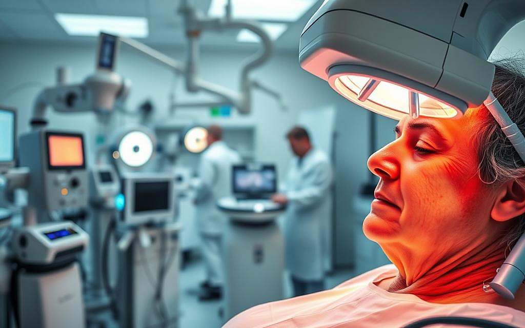 A clinical laboratory setting, with an array of advanced light-based medical equipment. In the foreground, a cancer patient undergoing a precise, targeted light therapy procedure, their face bathed in a warm, soothing glow. The middle ground showcases various light sources and delivery mechanisms, while the background depicts researchers and clinicians closely monitoring the treatment. The scene conveys a sense of medical innovation, scientific rigor, and compassionate care, all working in harmony to combat the complexities of cancer. Soft, diffused lighting creates an atmosphere of hope and progress, capturing the essence of cutting-edge light-based therapies for cancer treatment. A clinical laboratory setting, with an array of advanced light-based medical equipment. In the foreground, a cancer patient undergoing a precise, targeted light therapy procedure, their face bathed in a warm, soothing glow. The middle ground showcases various light sources and delivery mechanisms, while the background depicts researchers and clinicians closely monitoring the treatment. The scene conveys a sense of medical innovation, scientific rigor, and compassionate care, all working in harmony to combat the complexities of cancer. Soft, diffused lighting creates an atmosphere of hope and progress, capturing the essence of cutting-edge light-based therapies for cancer treatment.