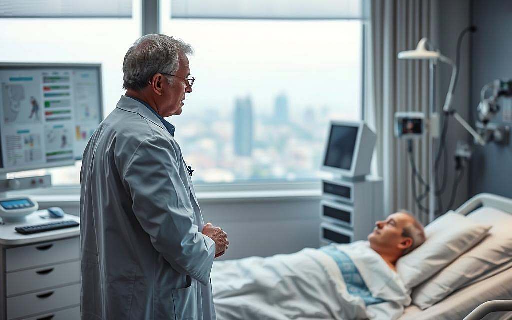 A clinical medical setting with a doctor consulting a patient regarding the risks of oxygen therapy. The doctor is in the foreground, dressed in a white lab coat, speaking earnestly to the patient, who is seated in a hospital bed. The background features medical equipment, charts, and a window overlooking a cityscape, conveying a sense of professionalism and authority. The lighting is soft and diffused, creating a somber, contemplative mood. The composition emphasizes the interaction between the doctor and patient, highlighting the importance of the discussion around the potential dangers and contraindications of oxygen therapy.