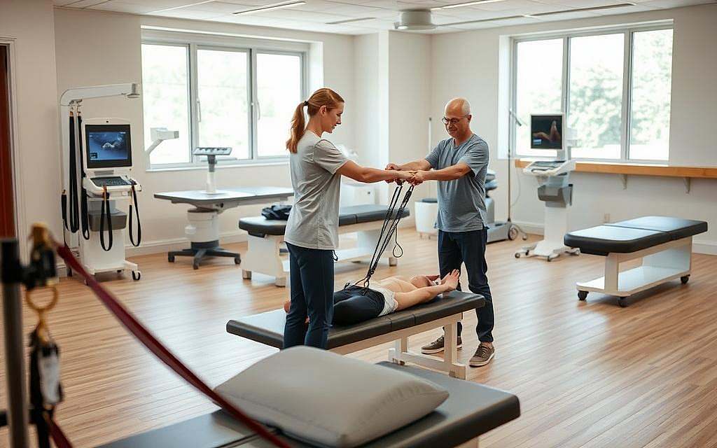 A clinical setting with a therapist assisting a patient undergoing various physical therapy treatments. The foreground shows a physiotherapist carefully guiding the patient through exercises, using equipment such as resistance bands, weights, and balance boards. The middle ground depicts a well-equipped therapy room with modern medical devices, including an ultrasound machine and massage tables. The background showcases a soothing, minimalist design with natural lighting filtering through large windows, creating a calming and professional atmosphere. The scene conveys the expertise and care involved in addressing chronic joint pain through comprehensive physical therapies.