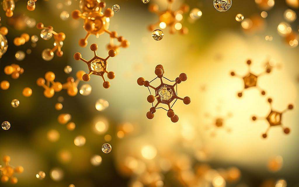 A close-up view of saponin-rich plant compounds suspended in a transparent liquid, illuminated by soft, natural lighting. The foreground features the intricate molecular structures of various saponins, their complex geometries and distinctive patterns visible. In the middle ground, these compounds appear to be dissolving or diffusing within the liquid, hinting at their potential bioactive properties. The background is blurred, allowing the viewer to focus on the captivating details of the saponins themselves. The overall atmosphere conveys a sense of scientific curiosity and the hidden wonders of plant-derived natural compounds.
