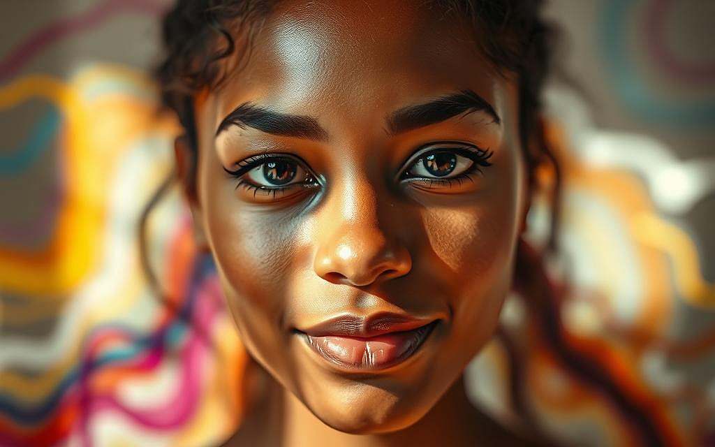 A compassionate human face in soft focus, the eyes radiating understanding and care. Behind, an abstract swirl of vibrant colors and hues, evoking the fluid, multifaceted nature of empathetic communication. Warm, natural lighting bathes the scene, creating an atmosphere of genuine connection and emotional resonance. The composition is balanced, drawing the viewer's attention to the expressive features and subtle emotional cues. The overall impression is one of empathy, warmth, and the profound impact of truly listening and connecting with others.