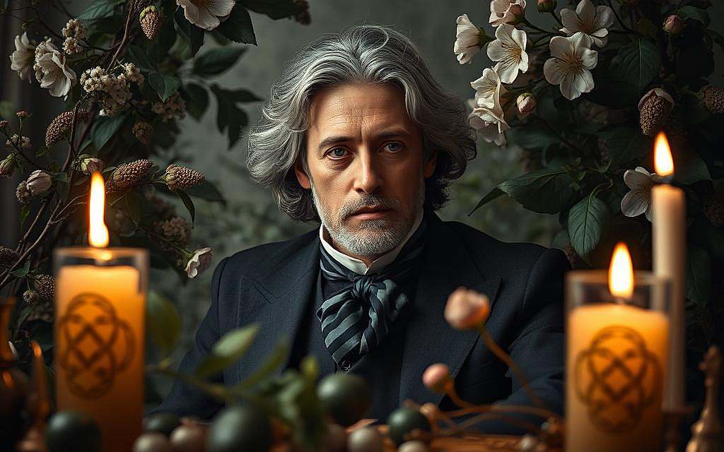 A contemplative portrait of Friedrich Schiller, the renowned German philosopher and poet, surrounded by symbols of his seminal work "Aesthetic Education of Man". A serene, candlelit atmosphere evokes the intellectual and creative spirit of the Weimar Classicism era. Schiller's pensive gaze is framed by a lush, naturalistic backdrop, with delicate foliage and blooming flowers representing the harmonious fusion of reason and emotion he envisioned. Intricate patterns and textures in the foreground suggest the rich, textured quality of Schiller's aesthetic theories, while muted lighting casts a sense of timeless, contemplative stillness over the scene.