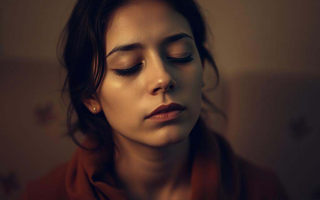 A contemplative self-portrait of a person deeply immersed in introspective thought, surrounded by a warm, muted color palette. The figure's eyes are closed, their expression serene yet pensive, as if in a moment of profound emotional self-recognition. The lighting is soft and diffused, creating a sense of tranquility and inner focus. The background is hazy and indistinct, allowing the viewer to concentrate on the subject's introspective state. The overall scene conveys a sense of personal growth, the integration of emotions into one's self-awareness. A contemplative self-portrait of a person deeply immersed in introspective thought, surrounded by a warm, muted color palette. The figure's eyes are closed, their expression serene yet pensive, as if in a moment of profound emotional self-recognition. The lighting is soft and diffused, creating a sense of tranquility and inner focus. The background is hazy and indistinct, allowing the viewer to concentrate on the subject's introspective state. The overall scene conveys a sense of personal growth, the integration of emotions into one's self-awareness.