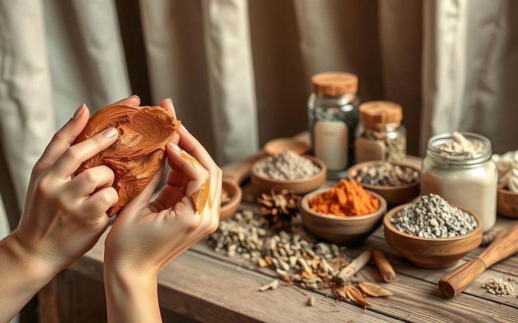 A cozy and earthy scene depicting the diverse applications of healing clay. In the foreground, a woman's hands gently apply a smooth, terracotta-colored paste to her face, its soft, creamy texture inviting touch. In the middle ground, an array of natural ingredients - dried herbs, crushed minerals, and jars of powdered clay - are arranged on a rustic wooden table, suggesting the versatility of this traditional remedy. The background features a warm, muted color palette, with soft lighting filtering through linen curtains, creating a serene, spa-like atmosphere. The overall impression is one of natural wellness, ancient wisdom, and the rejuvenating power of the earth's own resources.