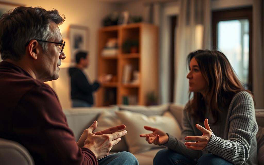 A cozy living room scene, where two people engaged in deep conversation, their body language and facial expressions conveying the nuances of their social interaction. The room is bathed in warm, soft lighting, creating an intimate and thoughtful atmosphere. The subjects are framed in the foreground, their faces and gestures the focal point, while the background is slightly blurred, hinting at the larger social context. The scene evokes a sense of connection, understanding, and the power of language to shape relationships.