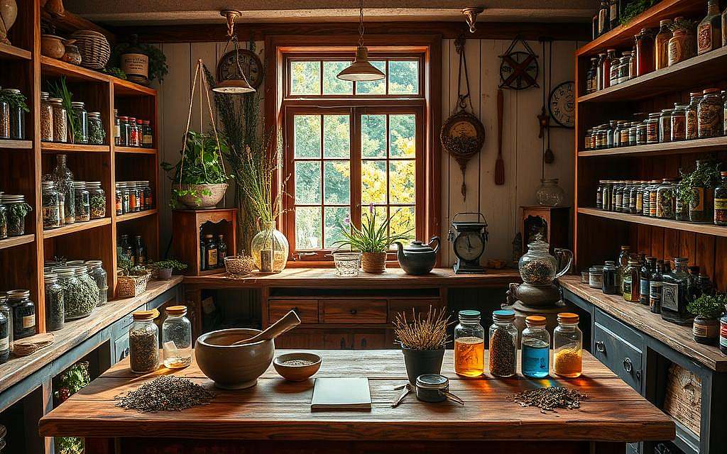 a cozy, well-lit apothecary interior with wooden shelves and glass jars filled with various dried herbs, flowers, and medicinal plants. In the foreground, a wooden table displays an assortment of herbal tinctures, teas, and salves, accompanied by mortar and pestle, a small notebook, and a few drying herb bundles. The middle ground features a large window overlooking a lush garden, allowing natural light to stream in and illuminate the space. The background showcases antique glass bottles, scales, and other traditional herbal remedy tools, creating an atmosphere of rustic, timeless elegance. The overall mood is one of tranquility, wellness, and a reverence for the healing power of nature.
