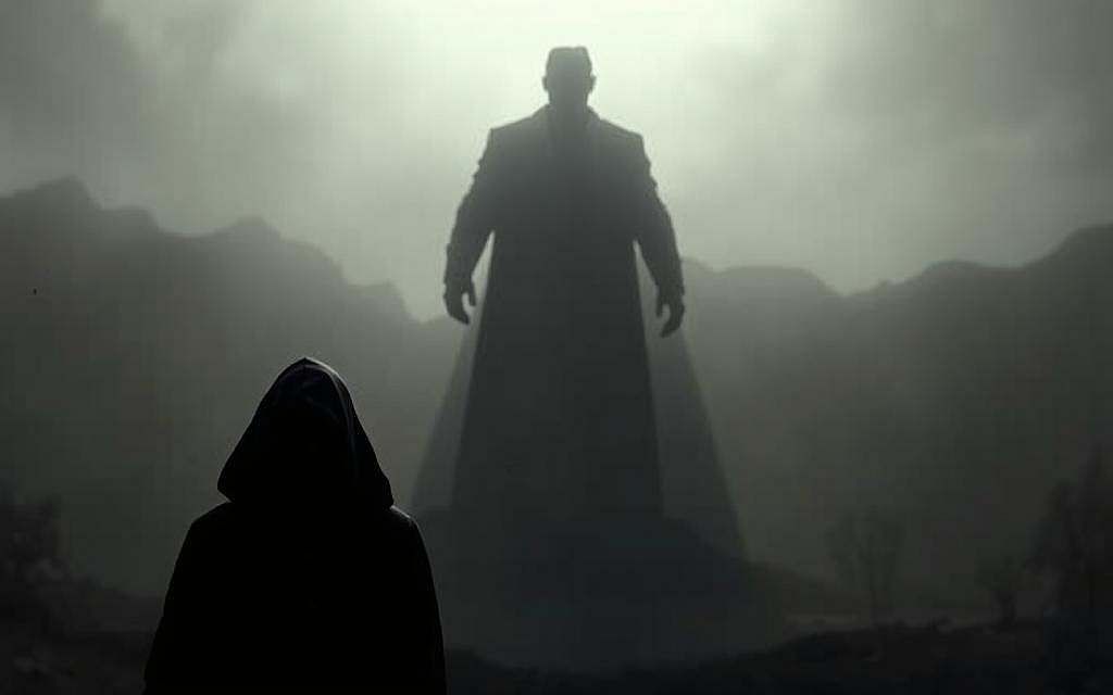 A dark, oppressive atmosphere envelops the scene. In the foreground, a shadowy figure looms, its masculine features distorted by a shroud of anger and resentment. Towering above, a towering, domineering presence represents the weight of patriarchal oppression, casting a long, ominous shadow. The background is a muted, monochromatic landscape, devoid of warmth or hope, symbolizing the pervasive nature of male-centric power structures. Harsh, dramatic lighting casts deep, unsettling shadows, conveying a sense of unease and hostility. The overall composition evokes a profound sense of unease and the corrosive effects of misandry on individuals and society.
