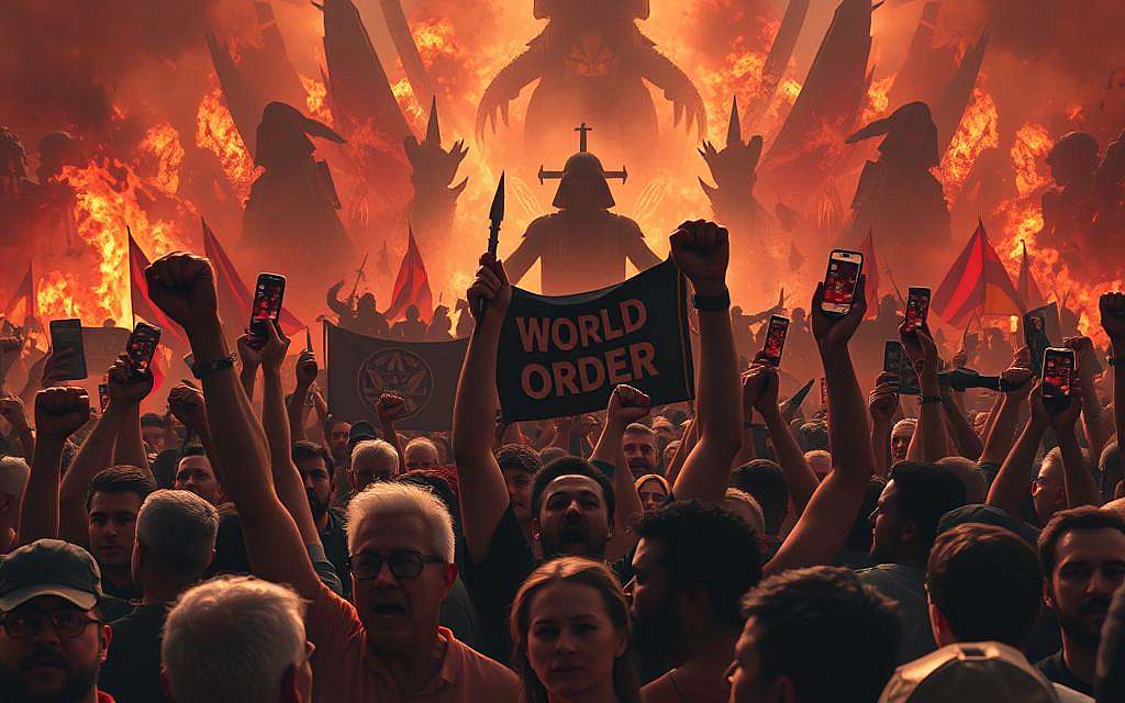 A defiant crowd stands united, raising fists and banners in a dramatic display of resistance against the encroaching forces of the New World Order. The scene is bathed in a fiery, ominous glow, creating an atmosphere of heightened tension and urgency. In the foreground, determined faces reflect the unwavering spirit of the people, while in the middle ground, symbolic icons and slogans are prominently displayed, conveying the depth of their convictions. The background is a kaleidoscope of chaos, with shadowy figures and ominous structures hinting at the powerful, unseen forces that are the target of this grassroots rebellion. The overall composition evokes a sense of defiance, resistance, and a steadfast refusal to succumb to the agenda of the New World Order.