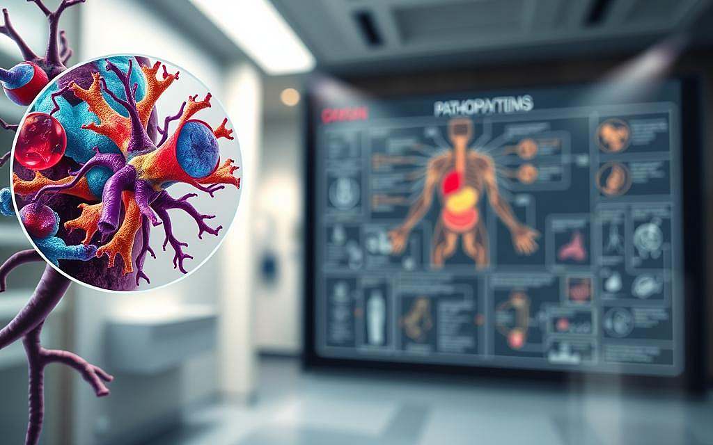 A detailed anatomical diagram depicting the intricate mechanisms of pathophysiology. The foreground showcases a magnified view of cellular processes, with vibrant colors and intricate structures representing the complex interplay of biological systems. The middle ground features a schematic overview of organ systems, highlighting the interconnected nature of physiological functions. The background sets the scene with a softly blurred, clinical environment, conveying a sense of scientific inquiry and medical investigation. Subtle lighting accentuates the three-dimensional depth, while a neutral color palette and clean lines evoke a sense of precision and technical proficiency. The overall image aims to visually communicate the depth of understanding required to unravel the mysteries of disease mechanisms.